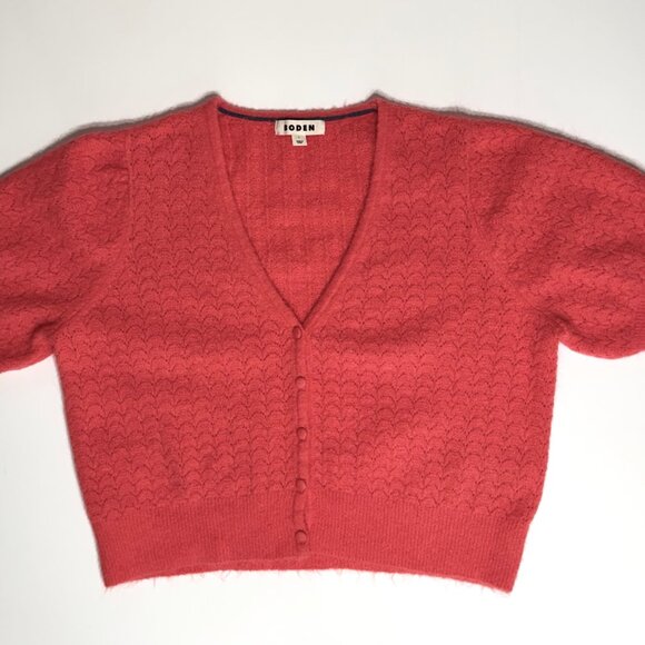 Boden Cropped Wool Mohair Coral Pink Cardigan Knit Sweater Short Sleeve - Picture 6 of 11